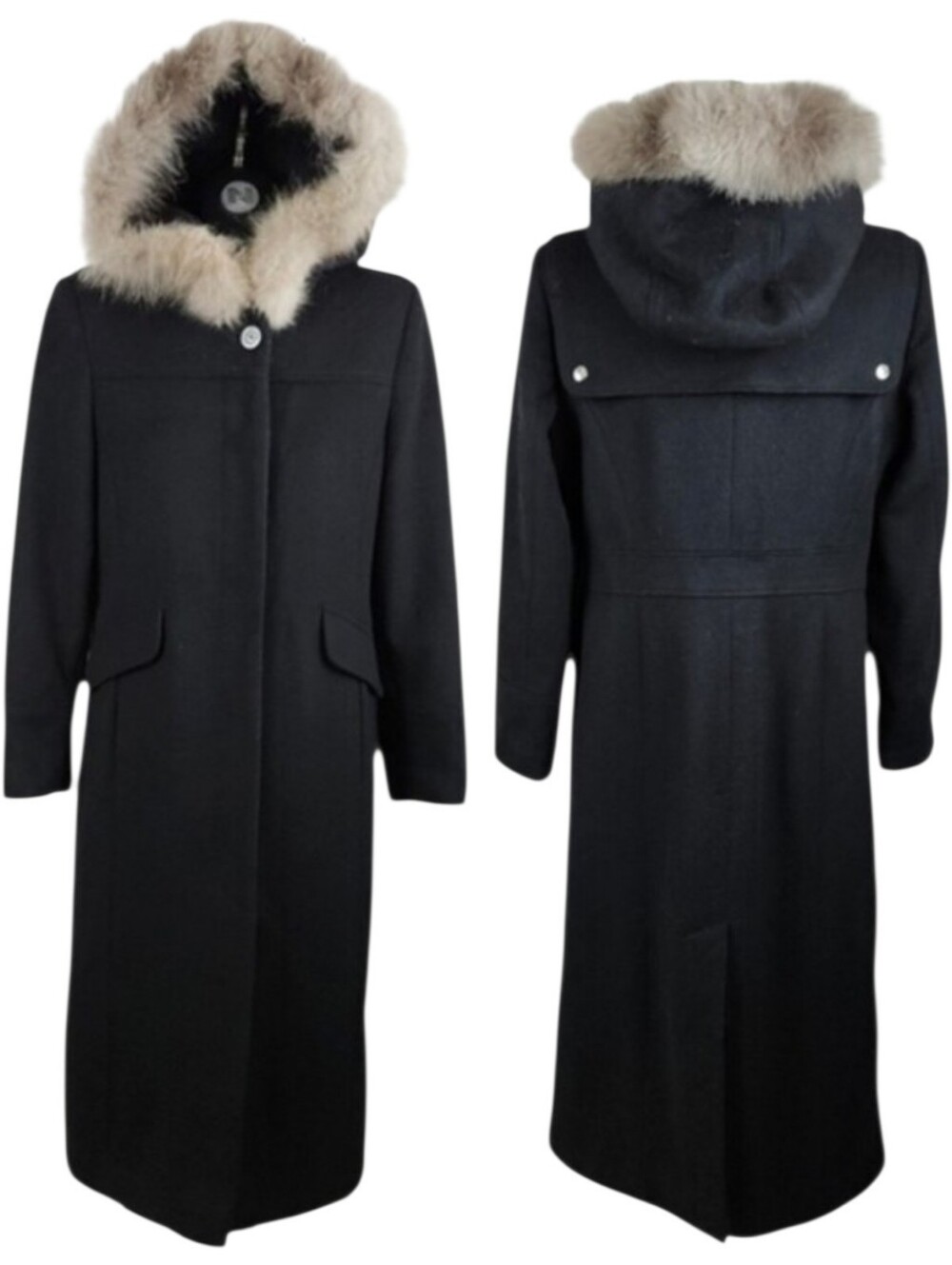 Vintage Michael Kors Womens Black Wool Blue Fox Fur Trim Hooded Long Coat Sz 4